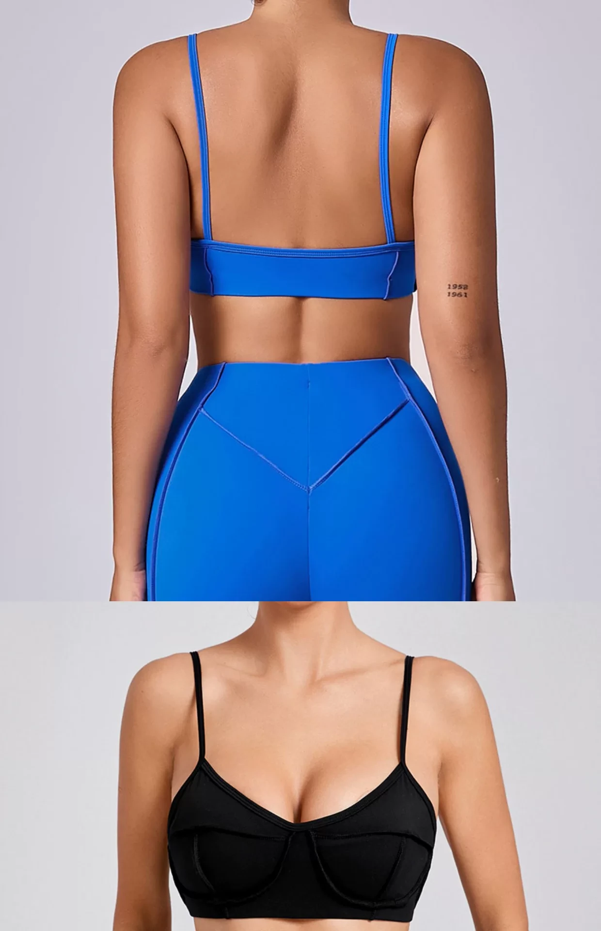 Qinelle sports bra and leggings set color comparison in sapphire blue and black