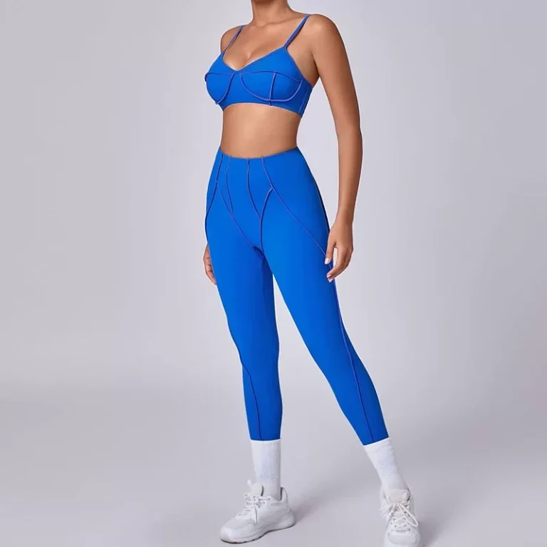 Qinelle sports bra and high-waist leggings set in sapphire blue front view