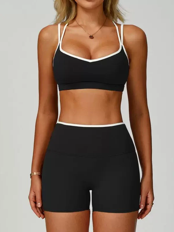 Black sports bra and high-waist shorts set, clean front view