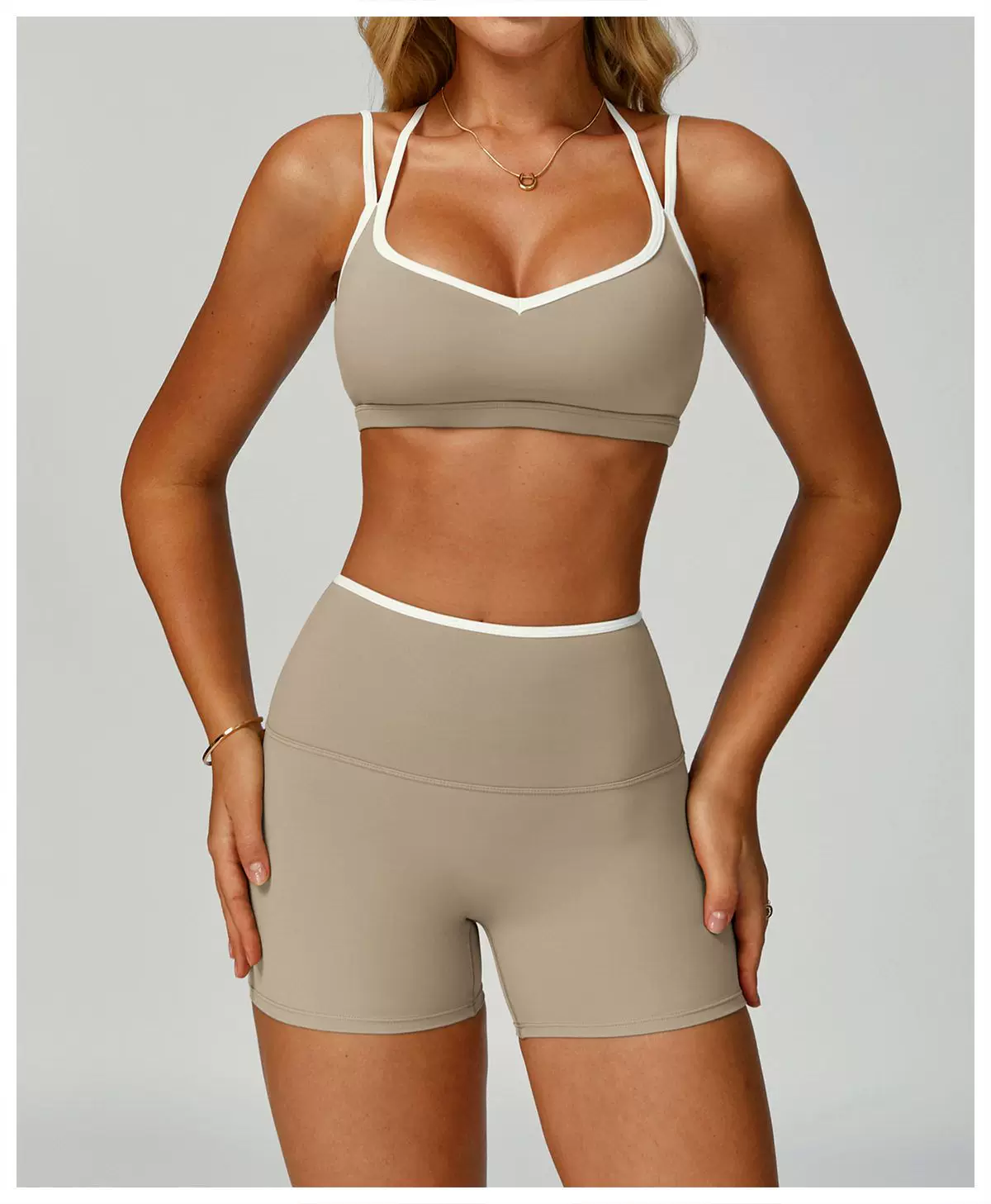 Khaki sports bra and high-waist shorts set color view