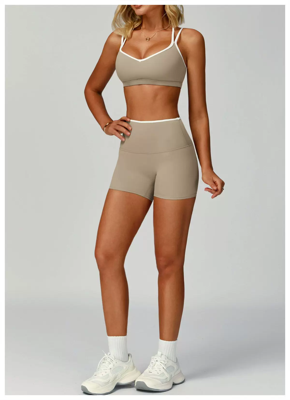 Khaki cross-back sports bra and high-waist shorts set, full front view