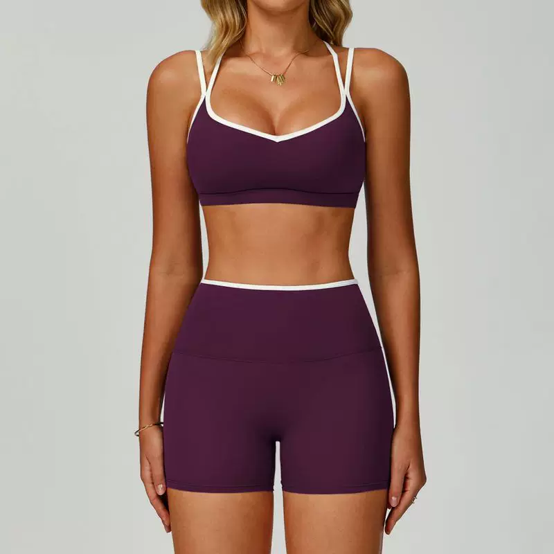 Purple sports bra and high-waist shorts set color view