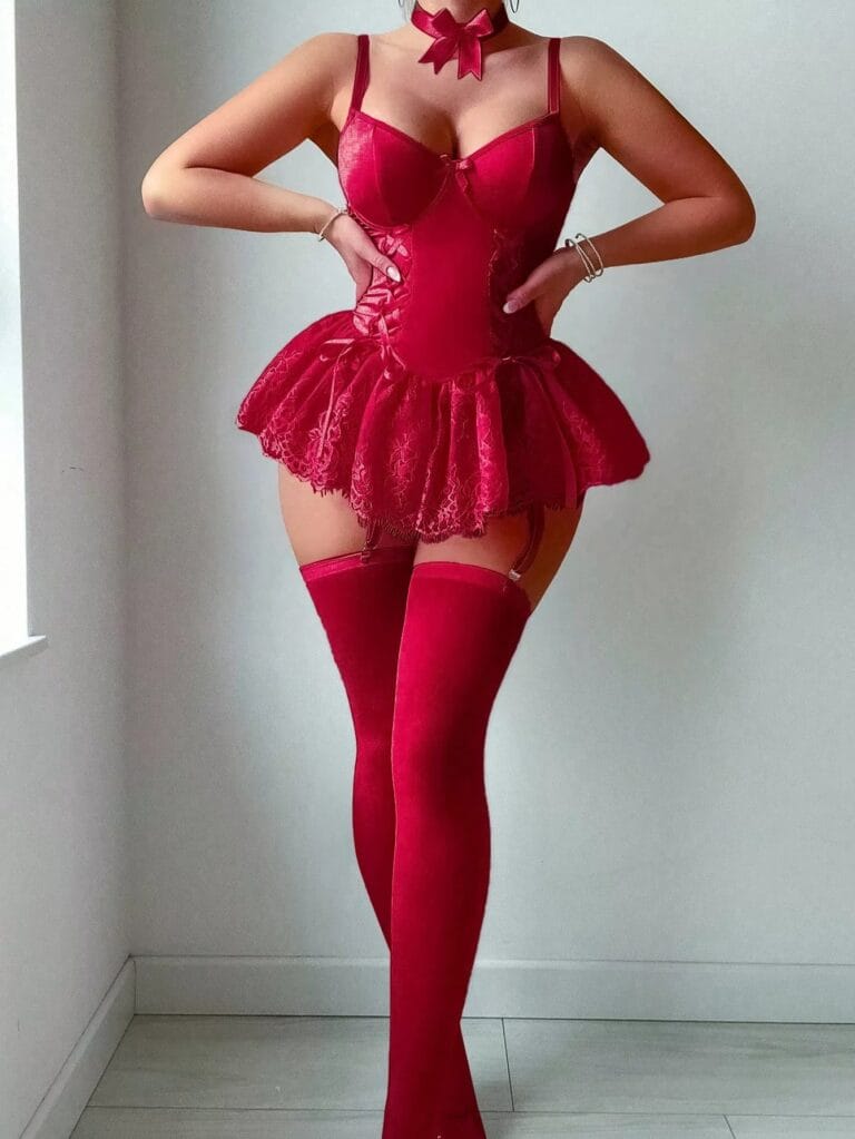 Wine red corset lace dress set front full styling view