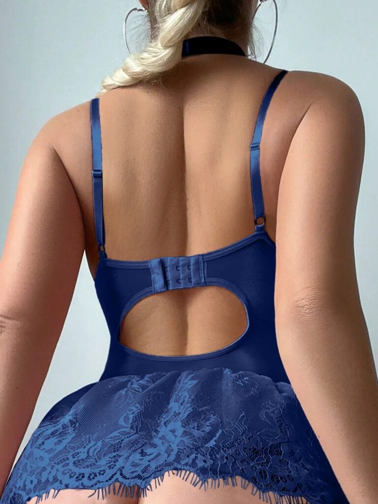 Navy blue corset lace dress set back view with open-back detail