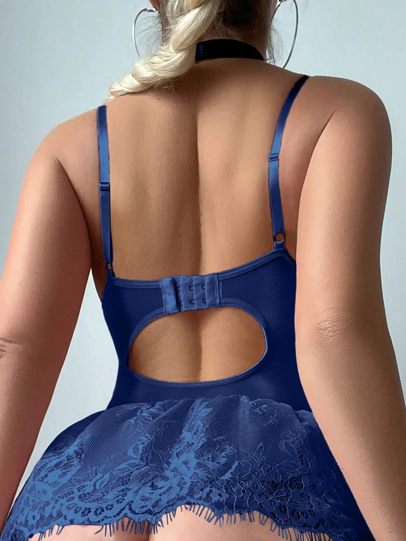 Navy blue corset lace dress set back view with open-back detail