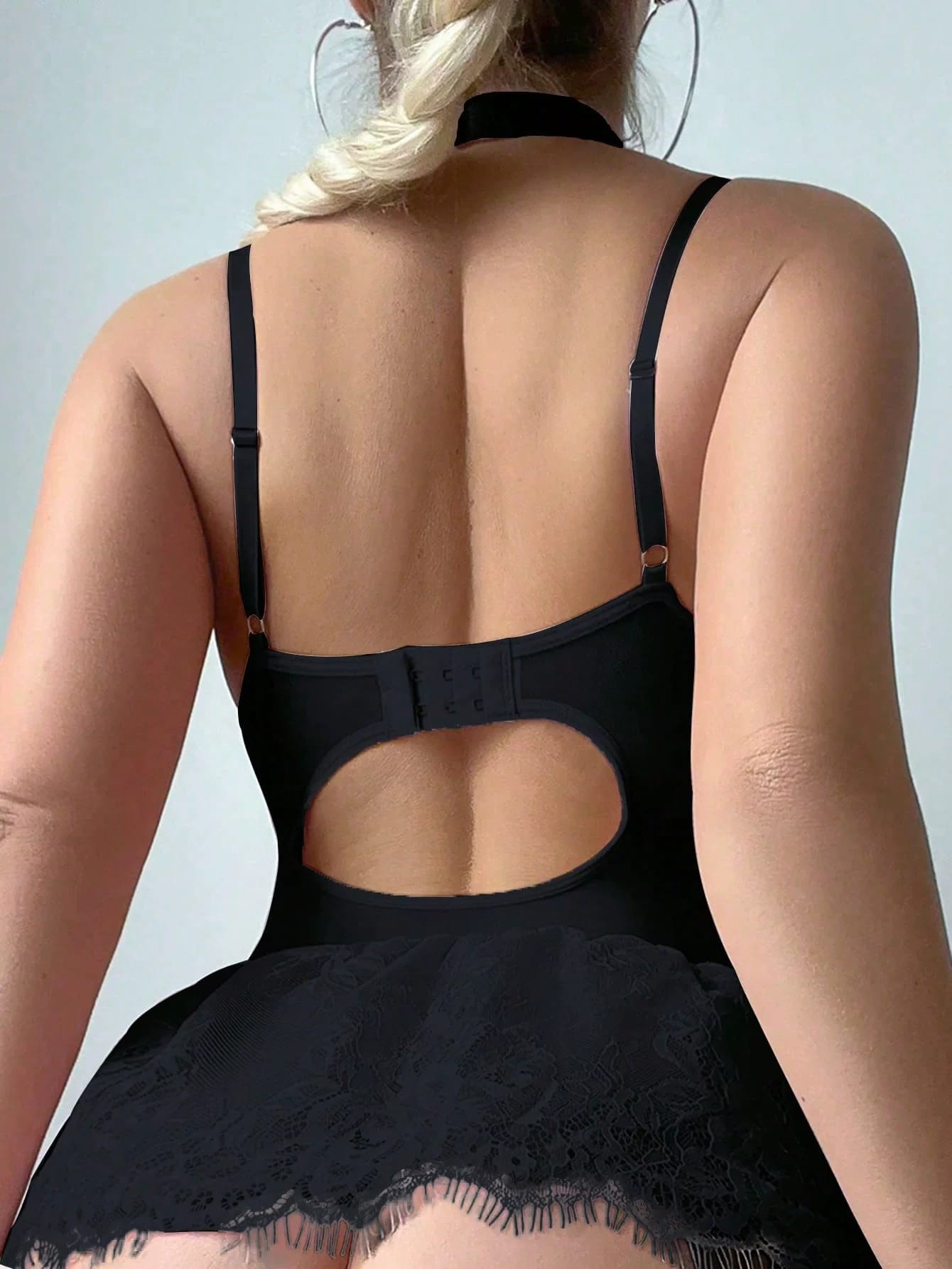 Black corset lace dress set back view with open-back detail