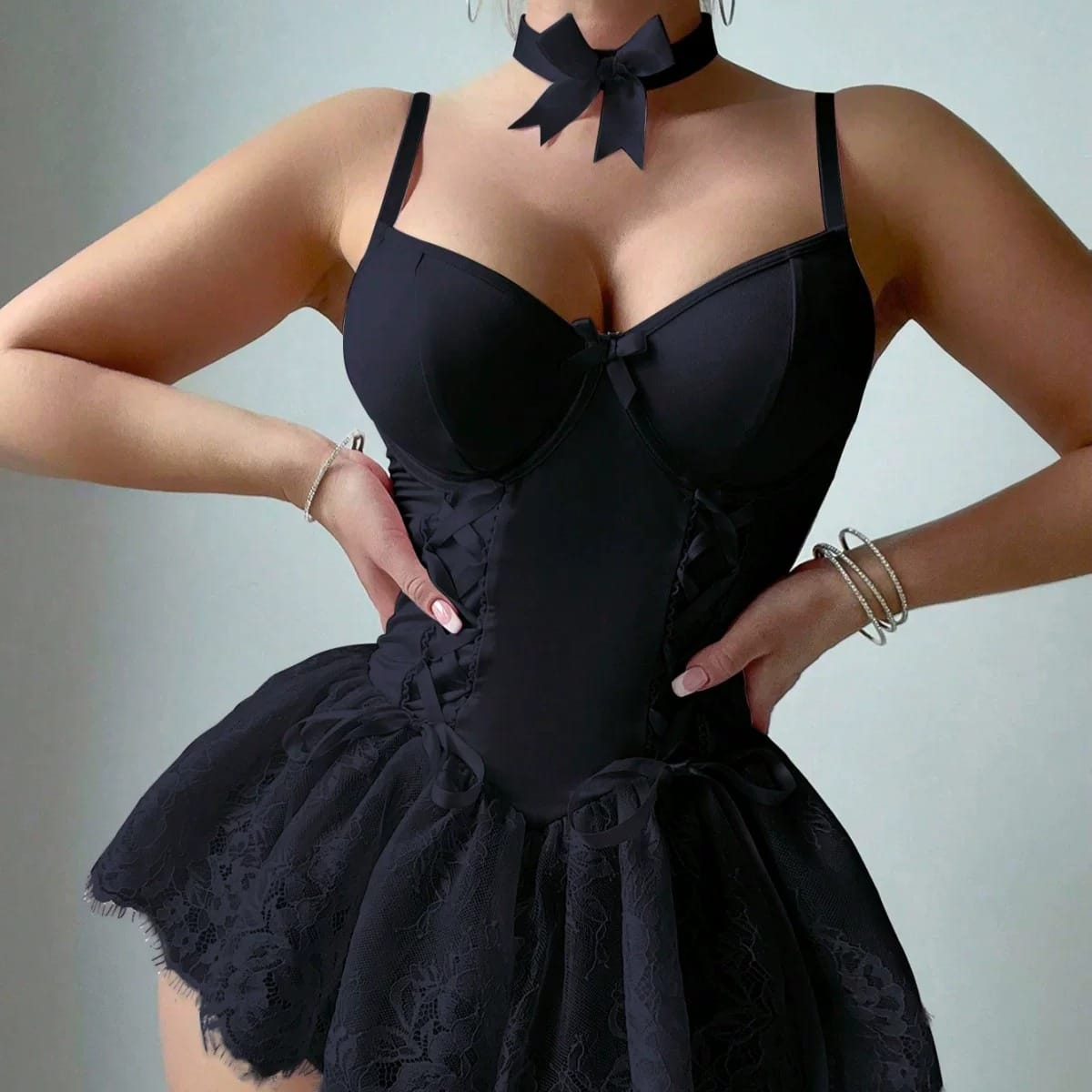 Black corset lace dress set front square product view