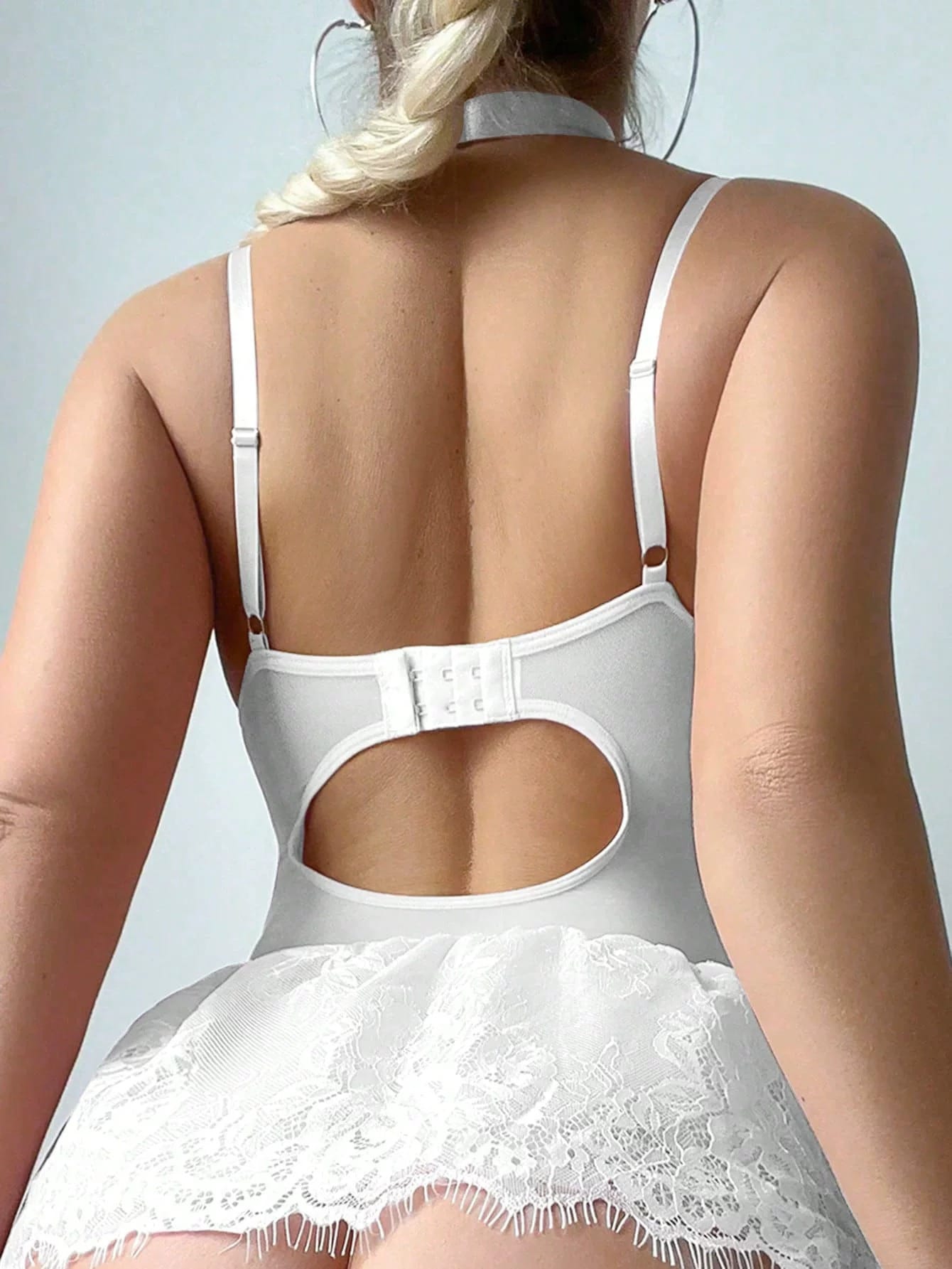 White corset lace dress set back view with open-back detail