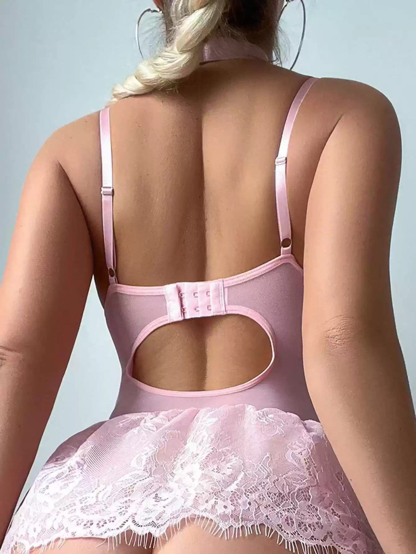 Pink corset lace dress set back view with open-back detail