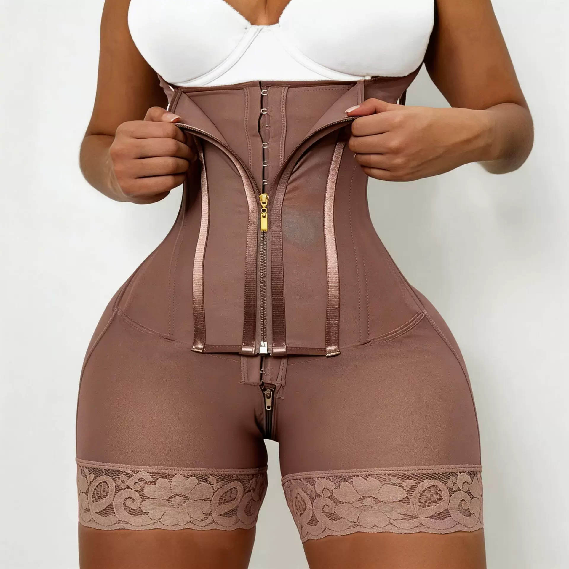 Qinelle brown open-bust mid-thigh compression bodysuit front view