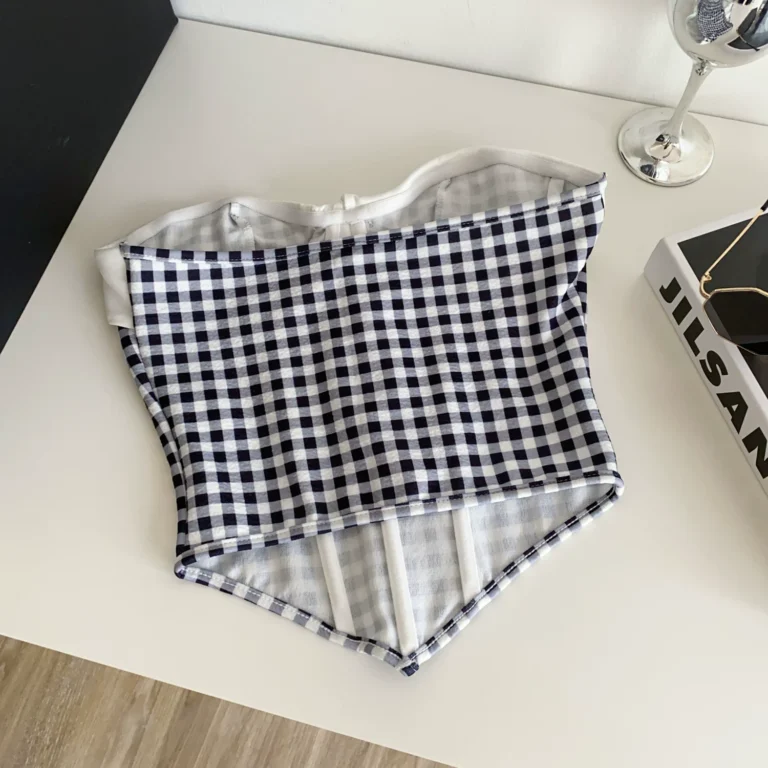 Black and white gingham corset bustier top back flat lay