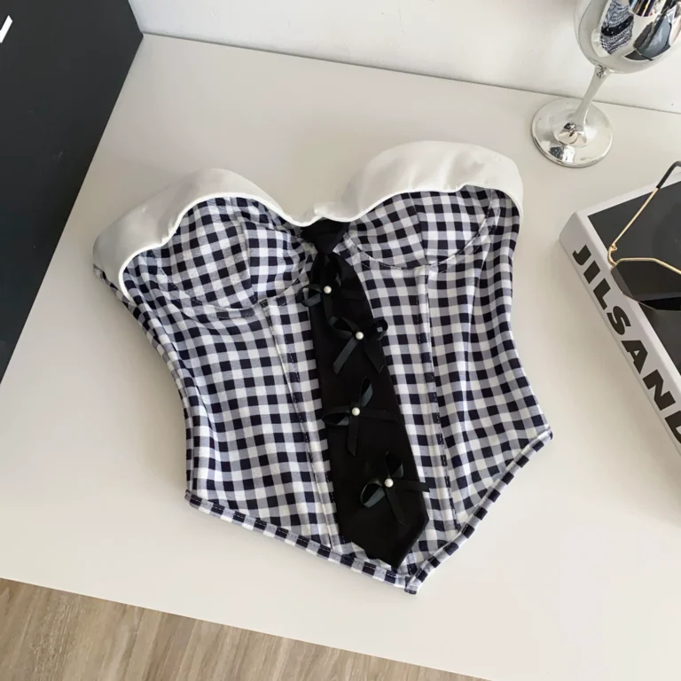 Black and white gingham strapless corset bustier top front flat lay