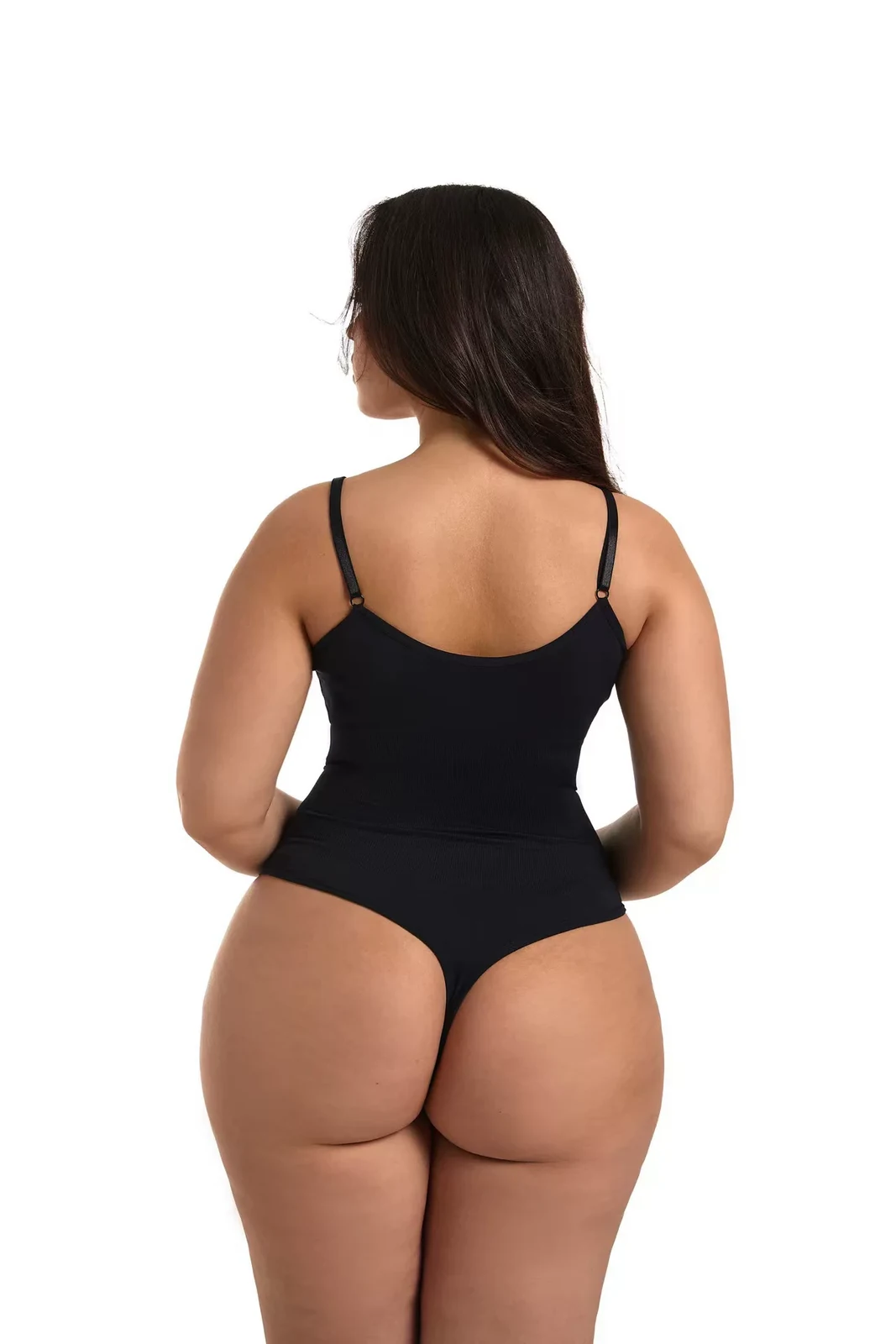Black brief-back seamless shaping bodysuit, back view