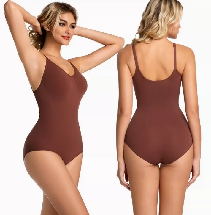 Coffee Brown seamless shaping bodysuit, front and brief-back views