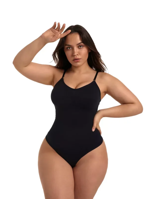 Black adjustable-strap seamless shaping bodysuit, front view