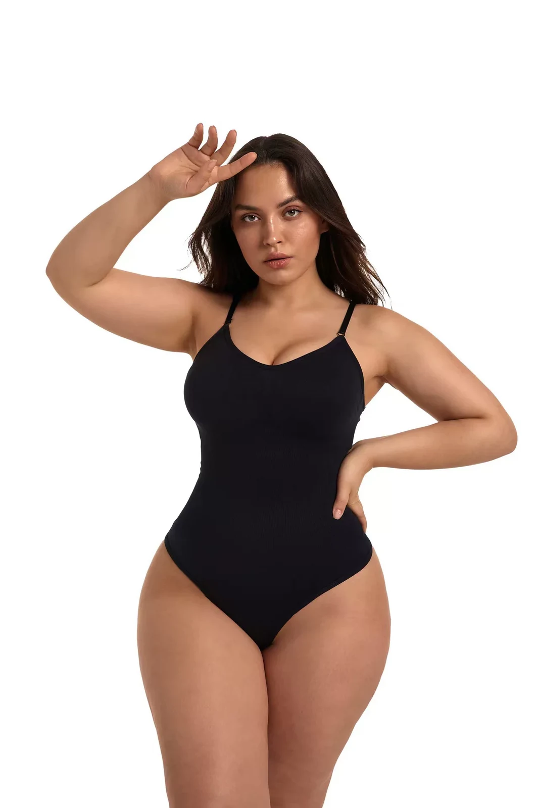 Black adjustable-strap seamless shaping bodysuit, front view