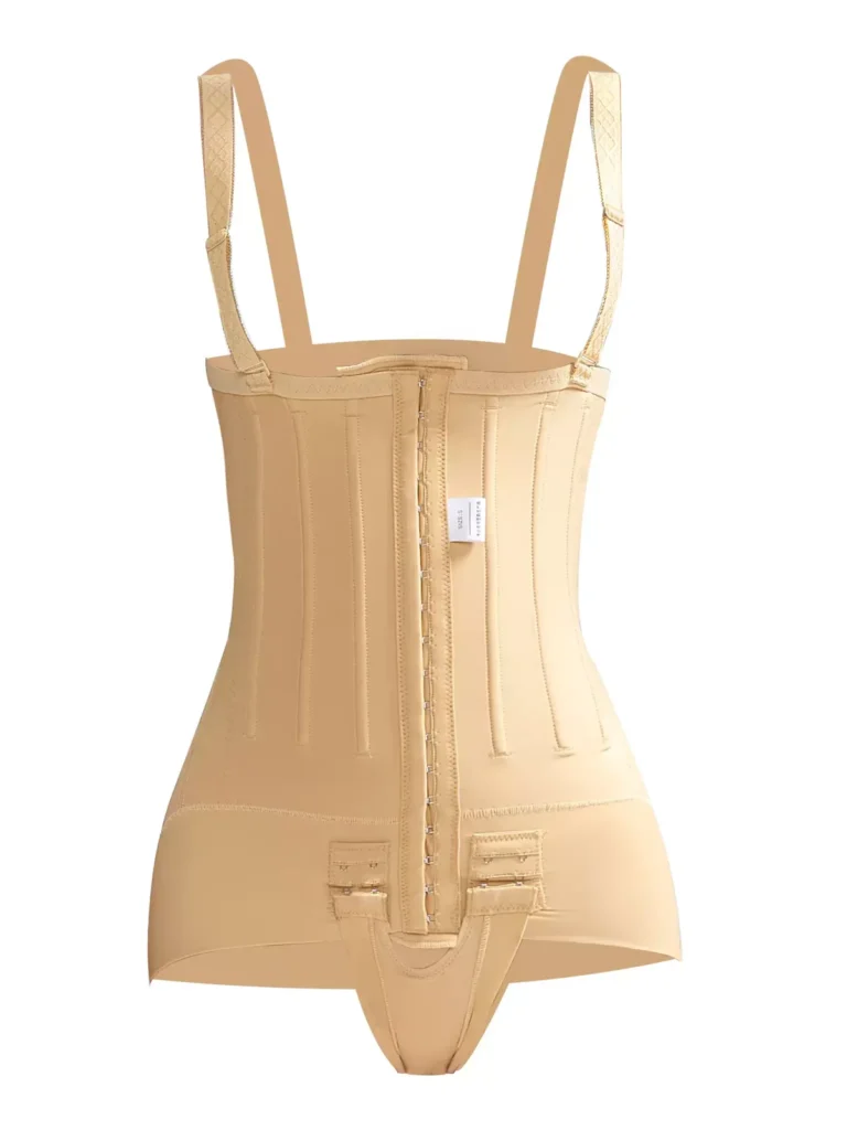 Nude full-body compression garment back view with long hook closure