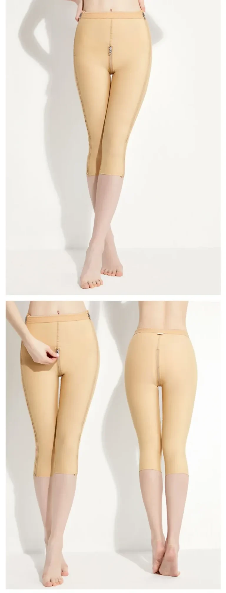 Skin Color high-waist side-zip capri compression pants front and back views