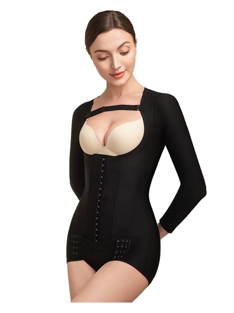 Black long-sleeve open-bust post-surgery compression bodysuit side view