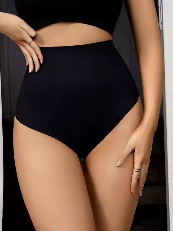 Black high-waist shaping thong panty, front view
