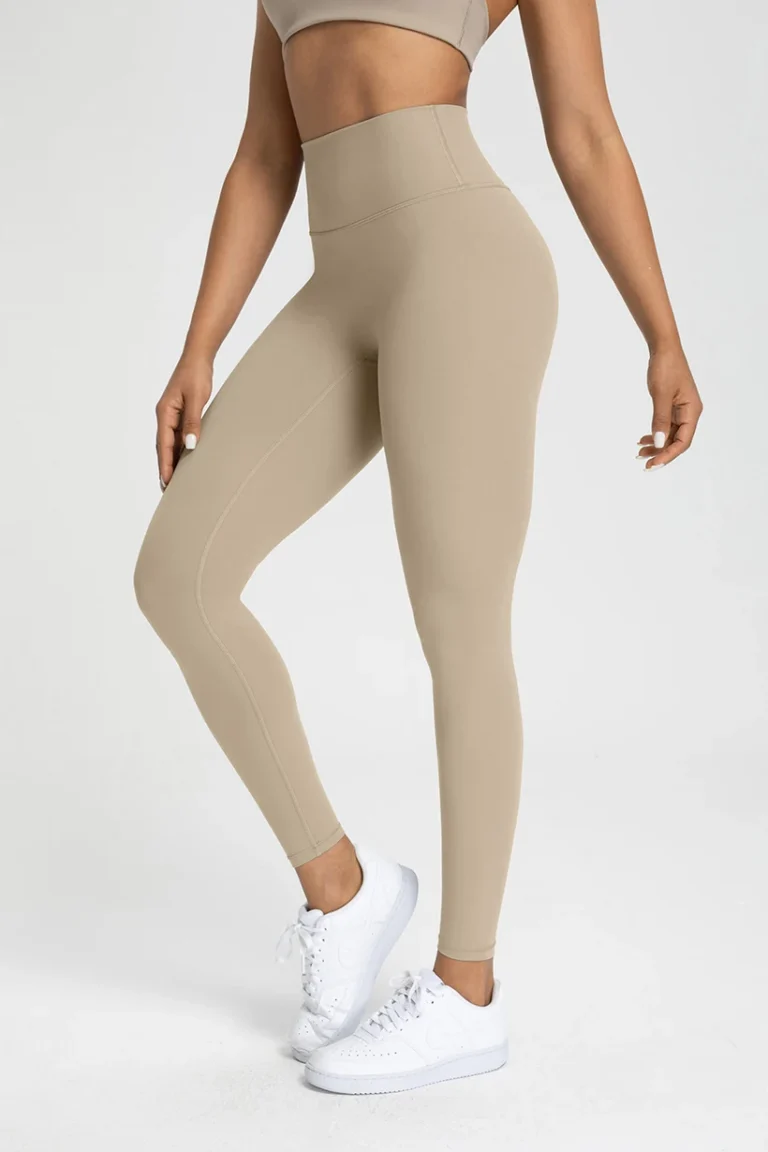 Qinelle high-waist seamless yoga leggings taupe angled front view