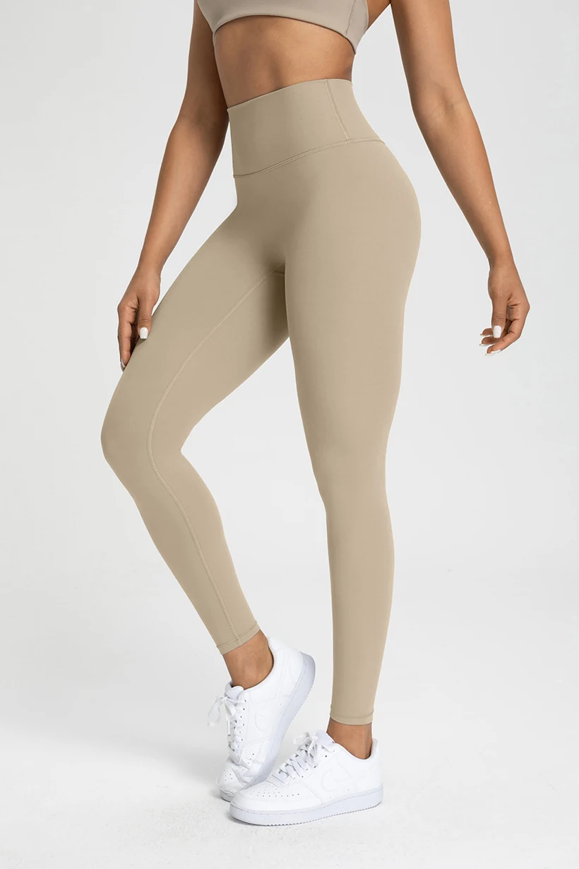 Qinelle high waist seamless yoga leggings in taupe angled front view