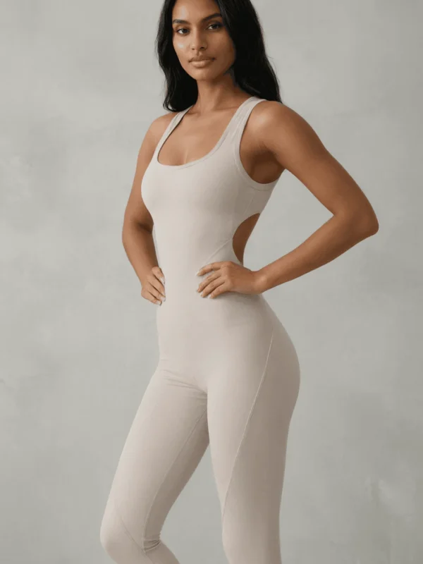 Open-Back Yoga Jumpsuit with racerback fit, clean model view