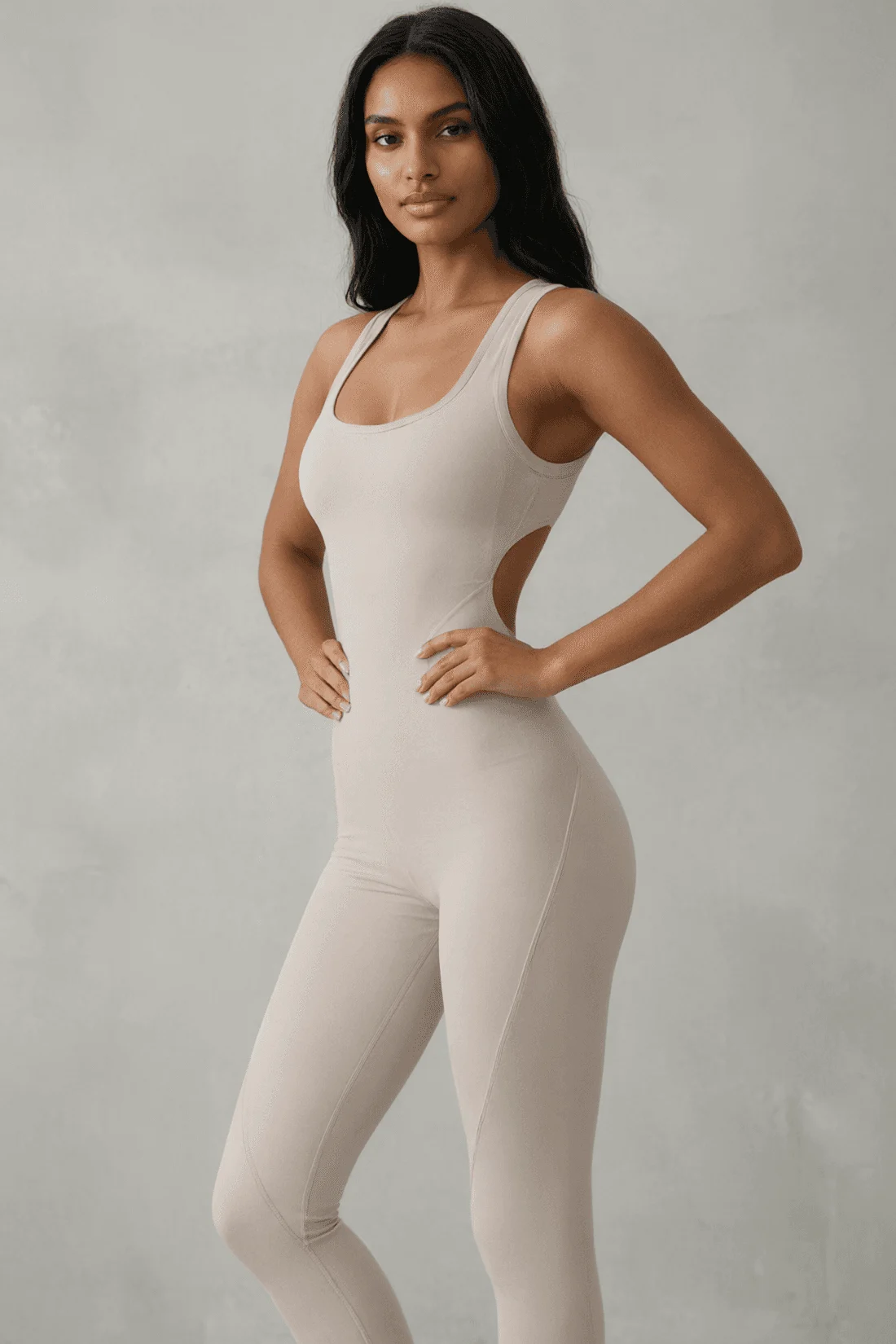 Open-Back Yoga Jumpsuit with racerback fit, clean model view
