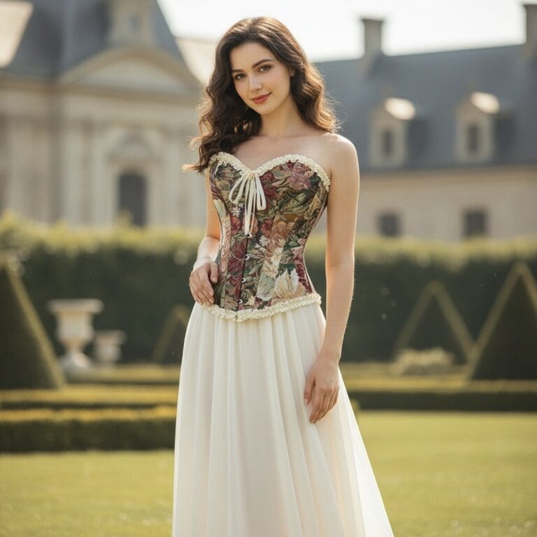 Green floral tapestry strapless corset top styled with a long white skirt