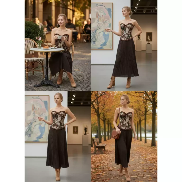 Floral tapestry corset styling collage with darker vintage-inspired outfits