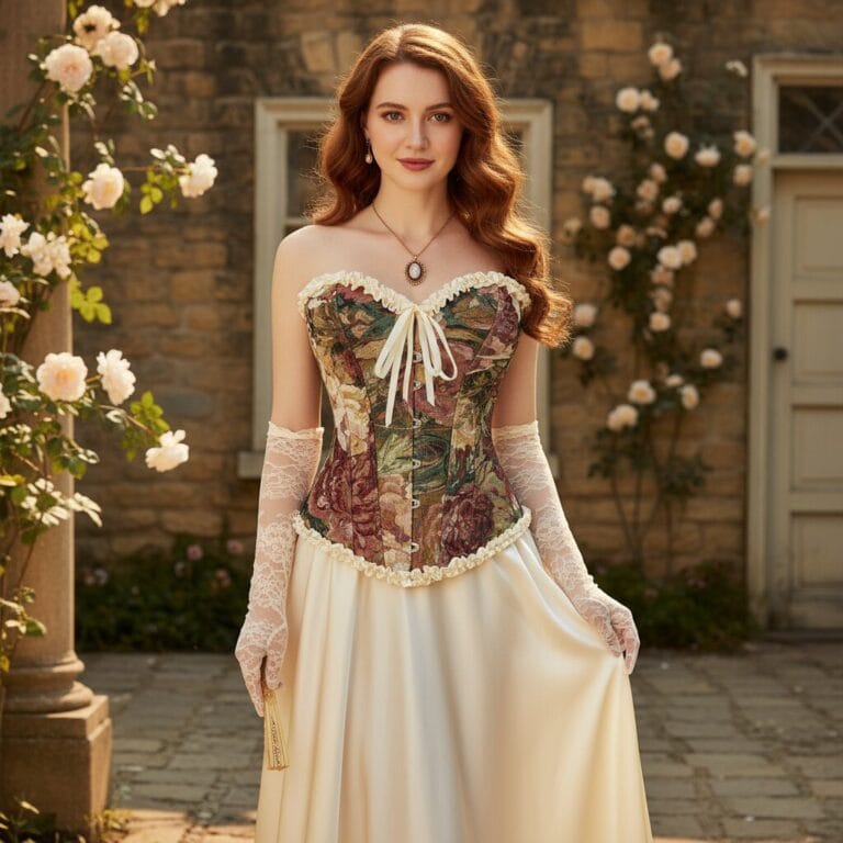 Brown floral tapestry strapless corset top styled with a cream skirt