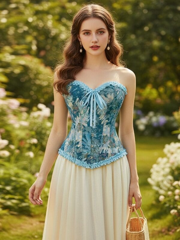 Light Blue floral tapestry strapless corset top styled with a cream skirt