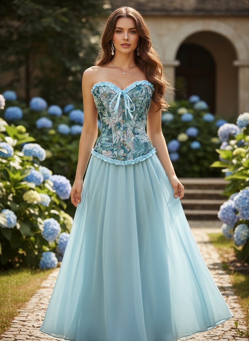 Light blue floral tapestry corset top worn with a full-length skirt near hydrangeas