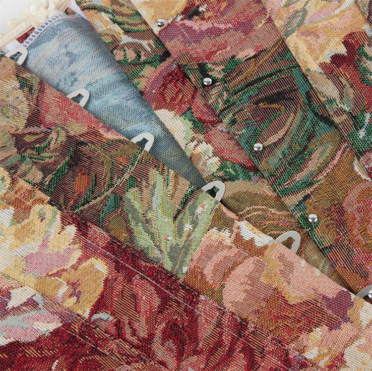 Close-up of floral tapestry corset fabric texture and woven botanical pattern