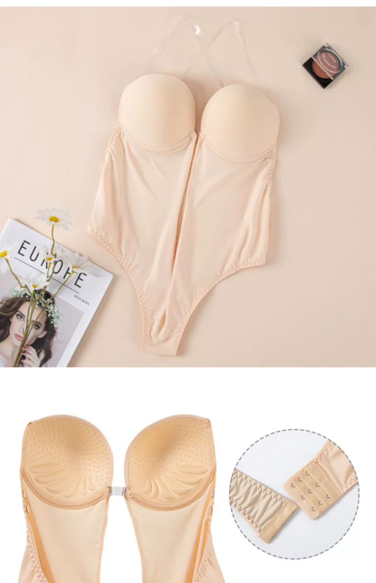 Qinelle nude deep-V low-back bodysuit flat-lay construction details