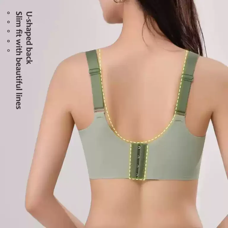 Qinelle green seamless wireless bra back view with adjustable straps and hook closure