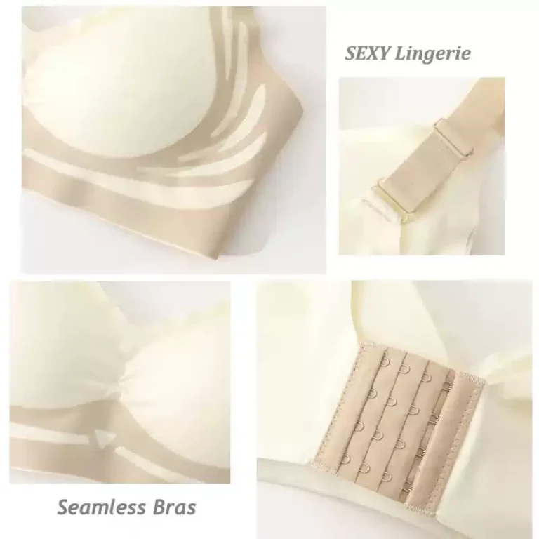 Qinelle Skin color seamless wireless bra contrast trim adjustable strap and back closure details