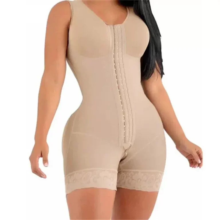 Qinelle mid-thigh tummy control shaping bodysuit in Apricot Color, front hook-and-eye closure view