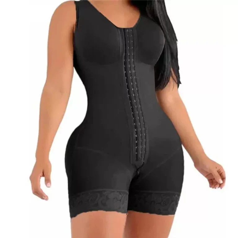 Qinelle mid-thigh tummy control shaping bodysuit in Black, front hook-and-eye closure view