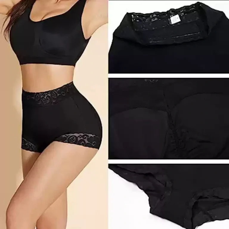 Qinelle black padded shaping shorts waistband rear padding and lace details