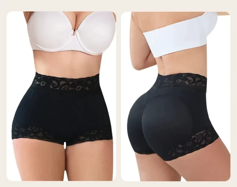 Qinelle black high-waist padded shaping shorts front and back views