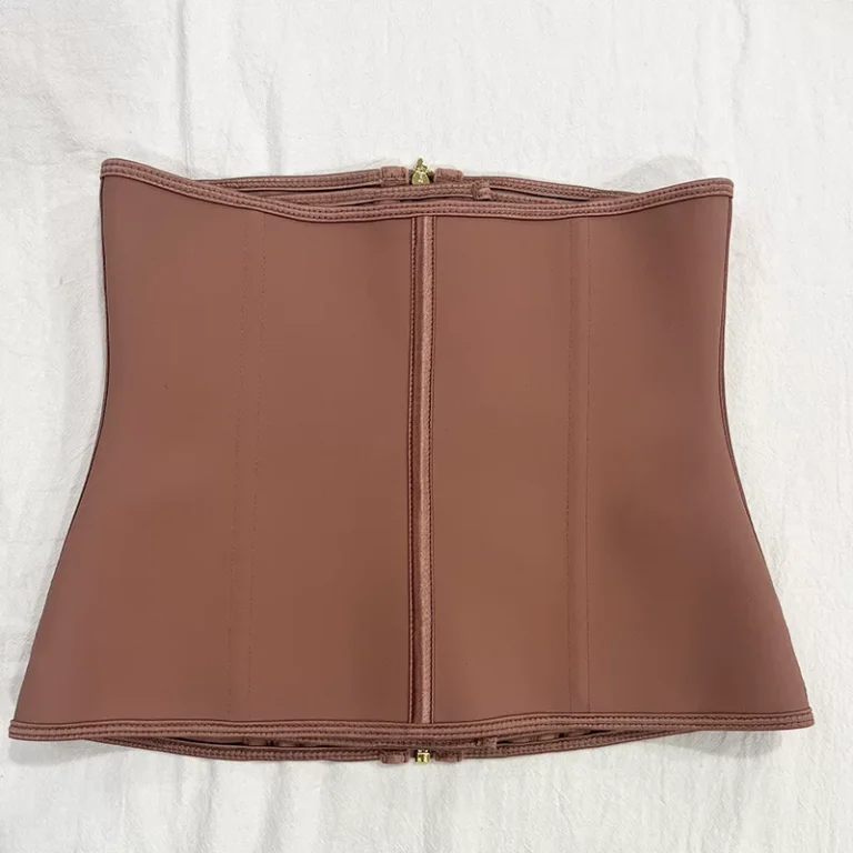Qinelle underbust zip-front waist trainer in Coffee Brown, flat back product view