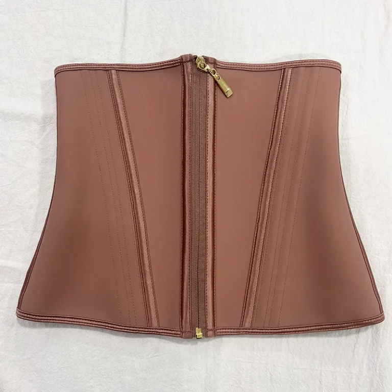 Qinelle underbust zip-front waist trainer in Coffee Brown, flat front zip product view