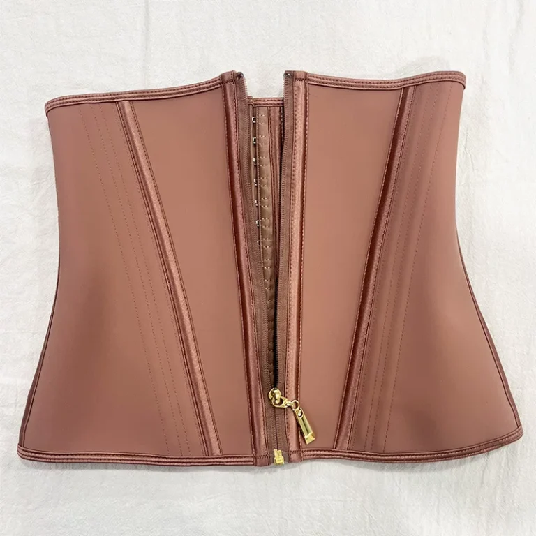 Qinelle underbust zip-front waist trainer in Coffee Brown, open hook-and-zip construction