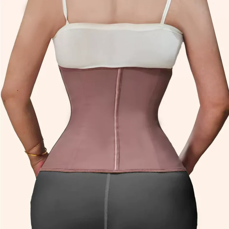 Qinelle underbust zip-front waist trainer in Coffee Brown, rear fit view