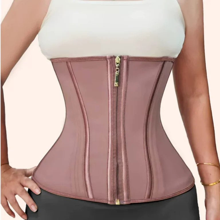 Qinelle underbust zip-front waist trainer in Coffee Brown, front fit view