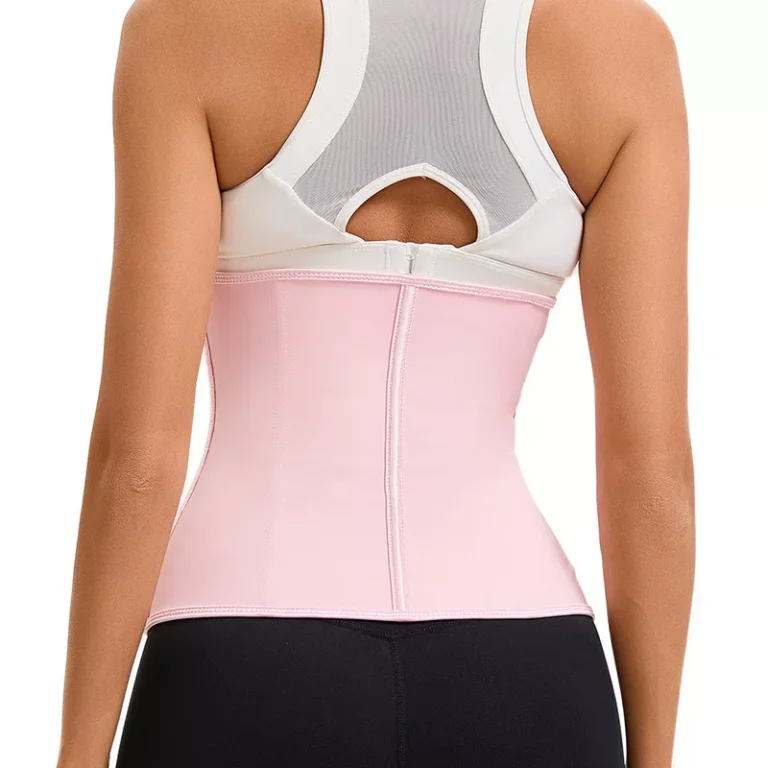 Qinelle underbust zip-front waist trainer in Pink, rear fit view