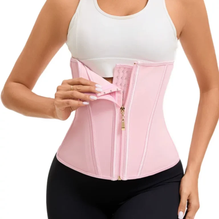 Qinelle underbust zip-front waist trainer in Pink, open hook-and-zip construction