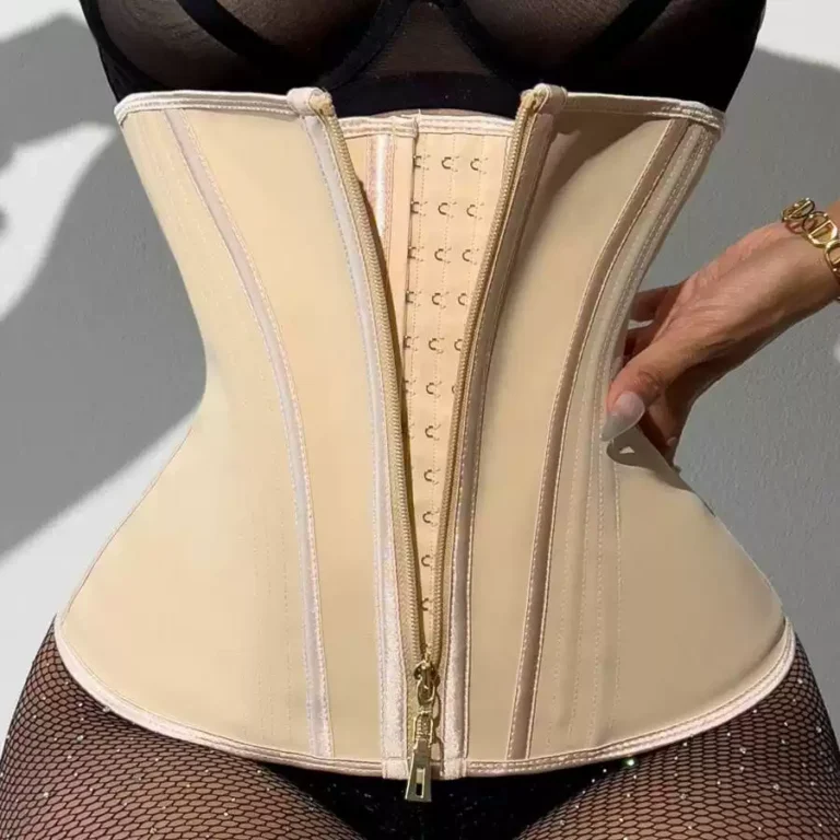 Qinelle underbust zip-front waist trainer in Skin Tone, close-up hook-and-zip construction
