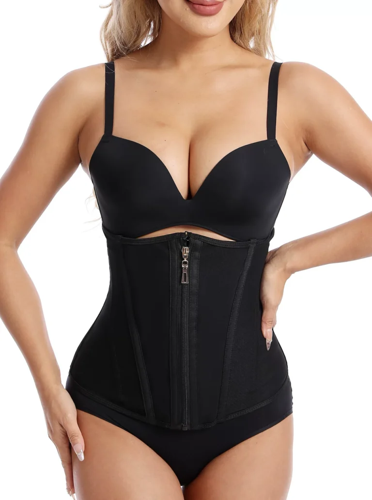 Qinelle black underbust zip-front waist trainer corset front view worn with a separate bra